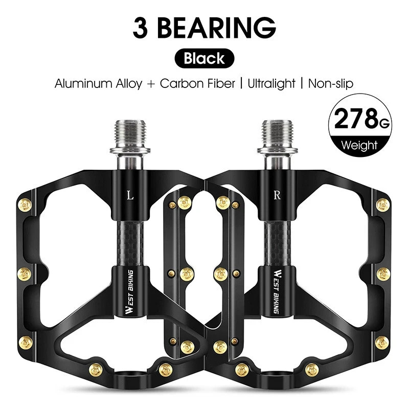 WEST BIKING Bike Pedals Carbon Fiber Axle 3 Bearing Bicycle Pedals Black a Pair