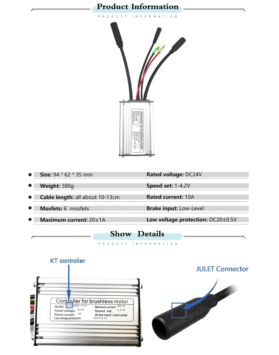 Electric Bicycle Kit Brushless Controller Square Wave 6 Mosfet 24V 250W 10A 20A