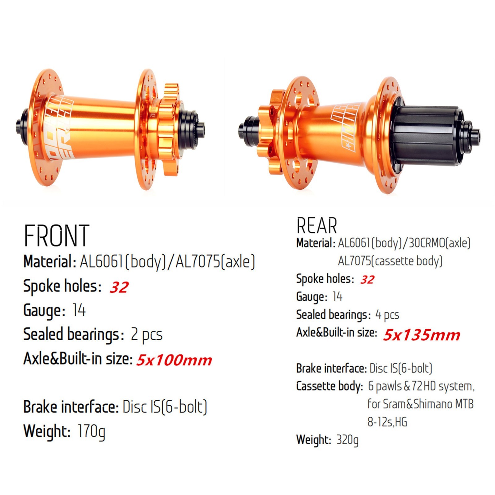 Replace for KOOZER XM490 PRO MTB Hub 32H 6 Bolt QR Disc Brake HG, 5x135mm/100mm