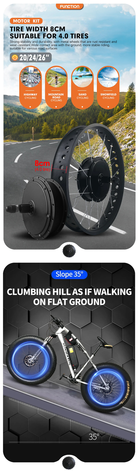 20 24 26 Inch 48V 1000W Rear Cassette Hub Motor Wheel Drive for Snow Fat E-Bike