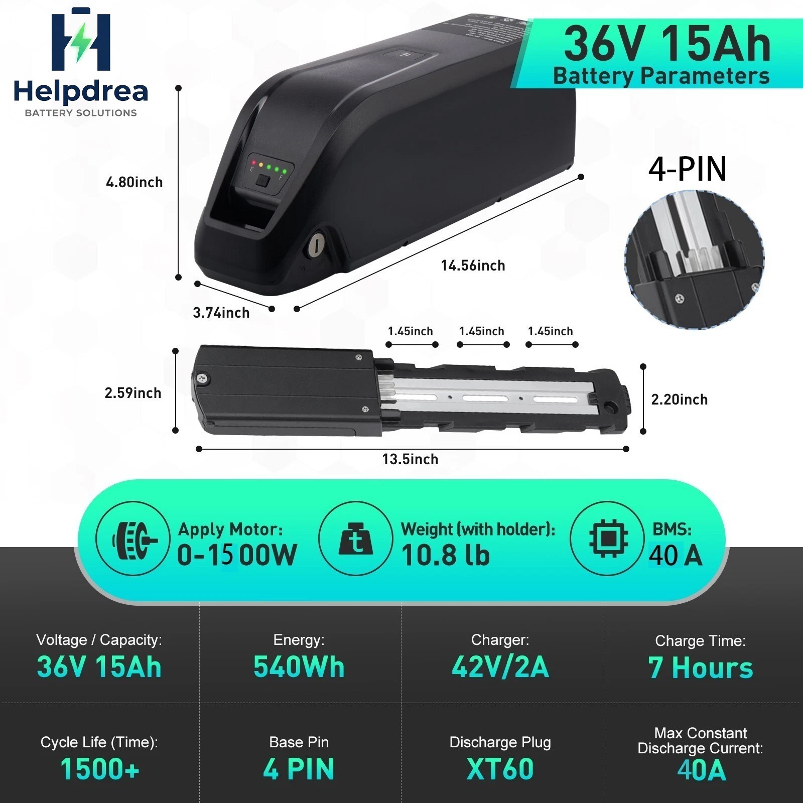 Hailong Lithium 36V Ebike Battery 15Ah for Electric Bike Bicycles Motor 40A BMS