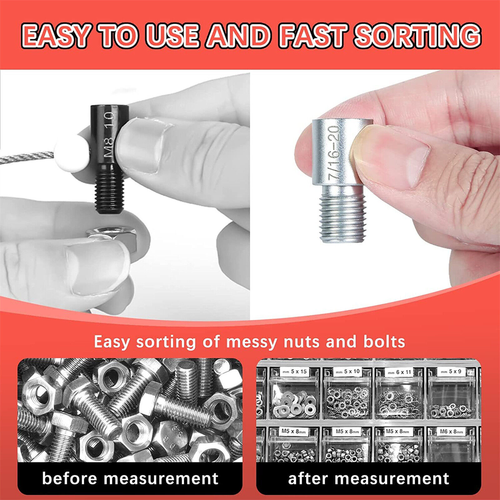 Inch & Metric Sizes Bolt/Nut Identifier 44pcs Nut/ Bolt Thread Checker Gauge Box