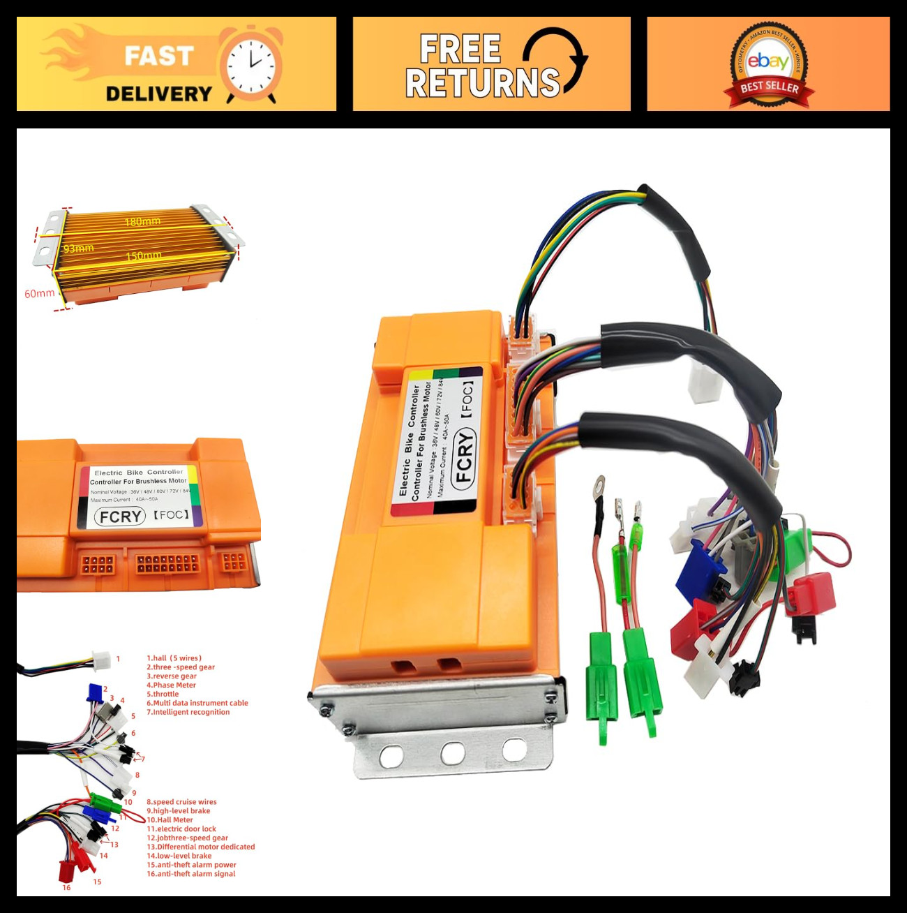 High-Power Brushless Motor Controller 36V-84V 2000W 50A for E-Bike & Scooter