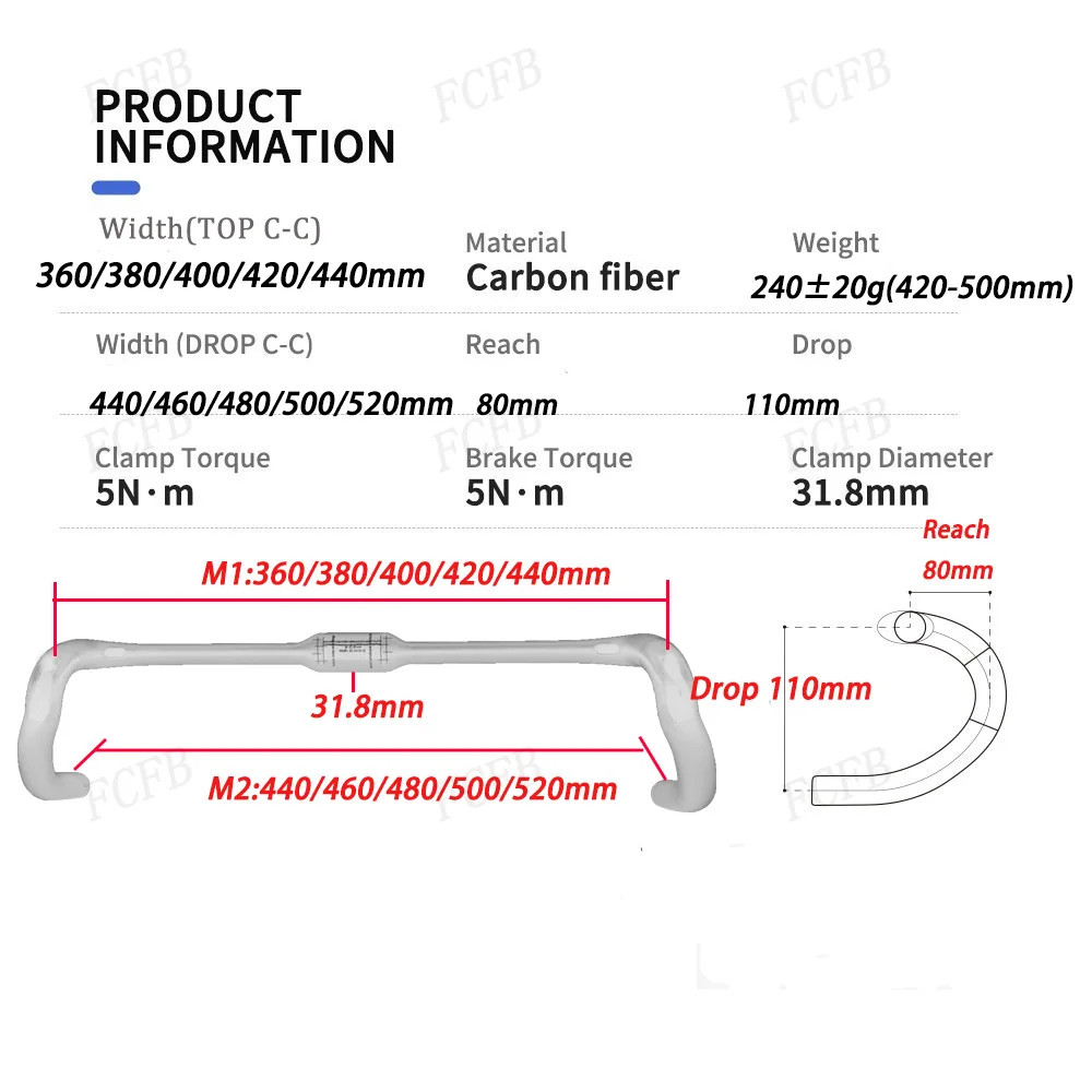 Carbon Fibre Gravel Road Bike Handlebar 31.8mm Clamp 360-440mm Drop Bar