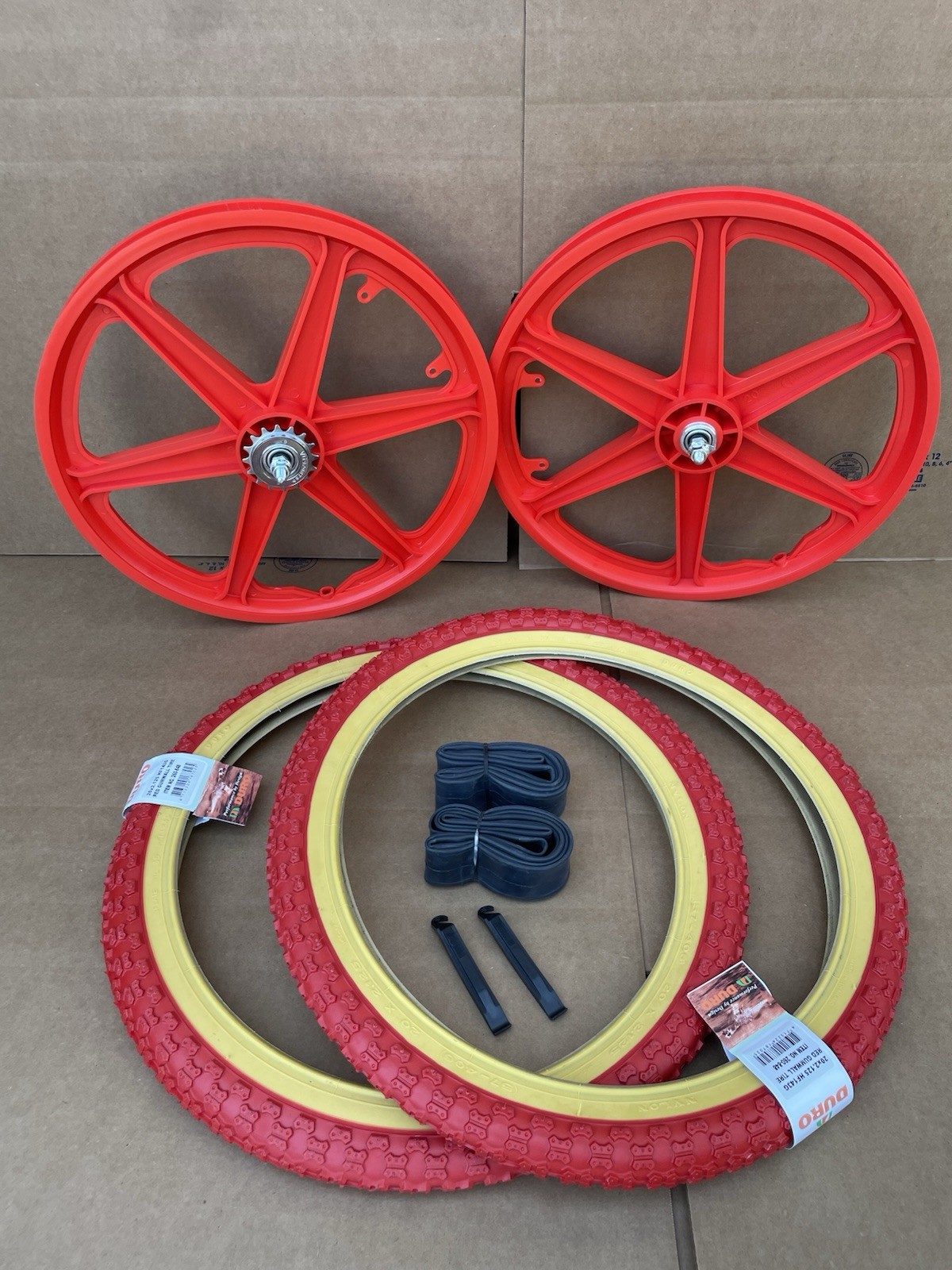 20″ Bicycle Plastic RED 6-spoke Mag Wheels and Red Gum Wall Tire Set GT Rims BMX