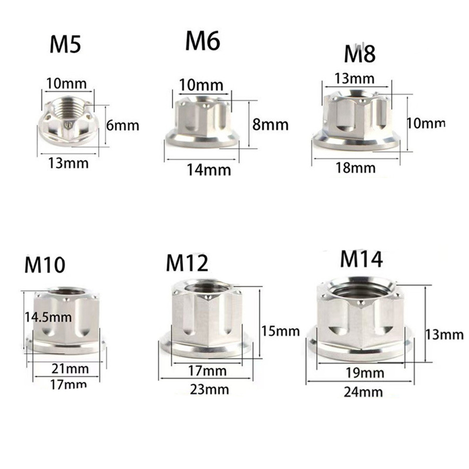 6pcs Titanium Nut M6 M8 M10 M12 M14 M16 Ti Flange Nuts for Motorcycle Rear Axle