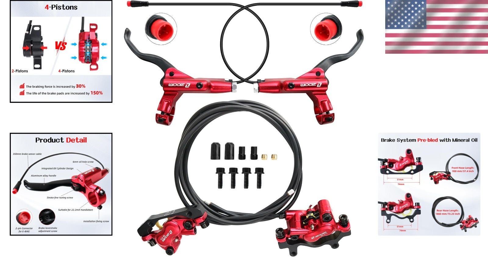 Bike Hydraulic Brake Set 4-Pistons Zoom HB876E E-Bike Mountain Road Red