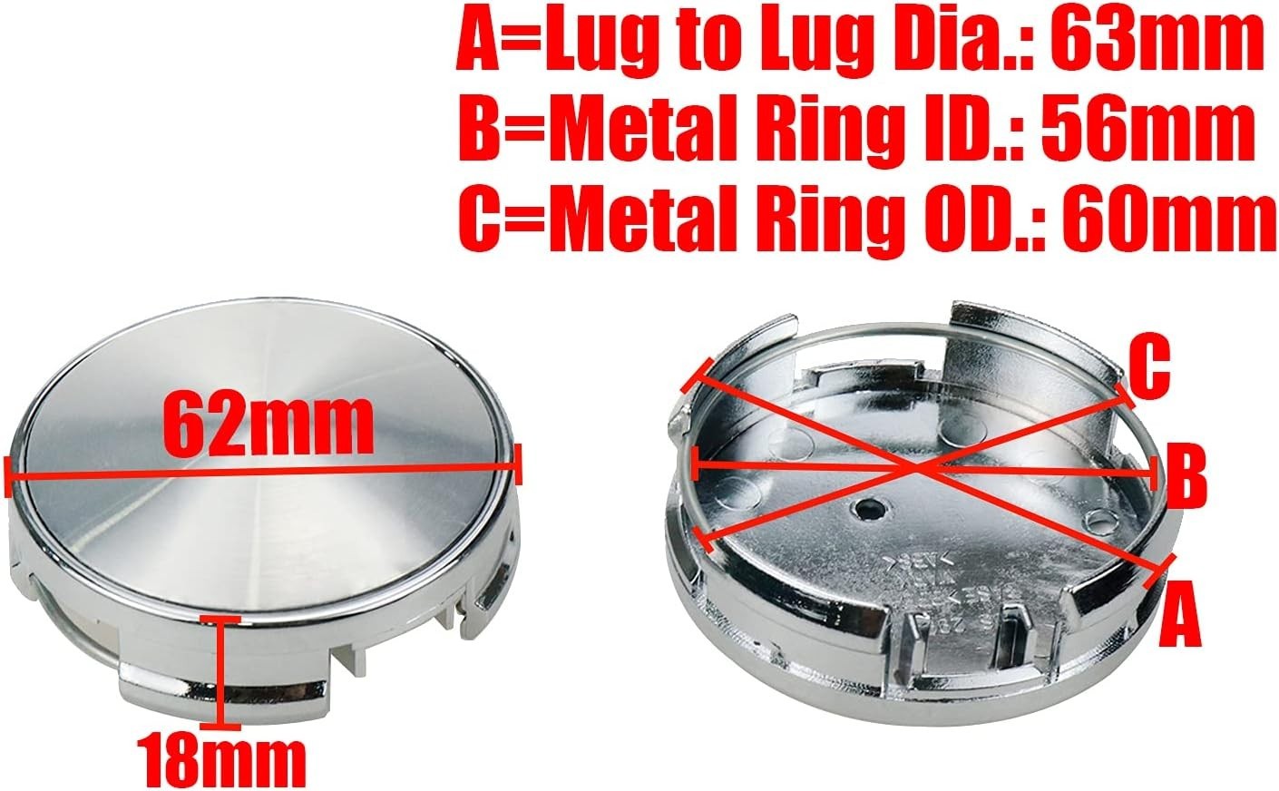Wheel Center Caps,62mm Rim Hub Center Covers Outer 62MM,Inner 63MM Silver