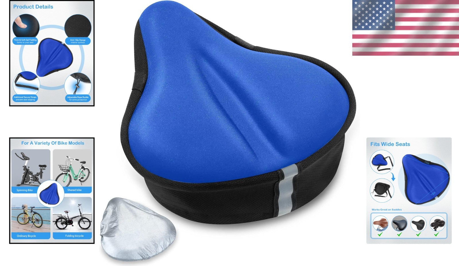 Universal Gel Bike Seat Cushion Cover 11×10 Inch for Ultimate Comfort – Blue