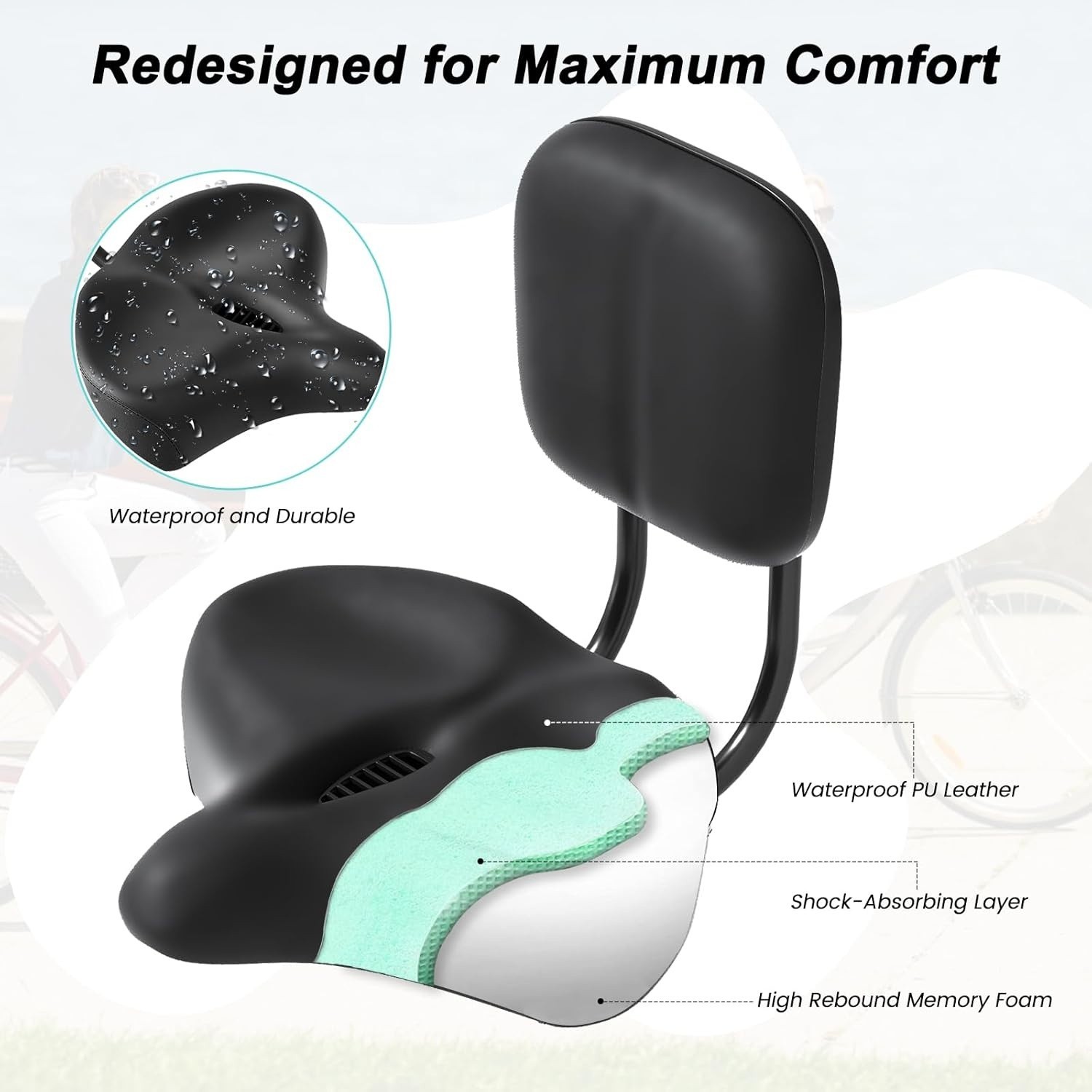Asiento de bicicleta extragrande con respaldo, acolchado de 11,5″×9,5″ de ancho