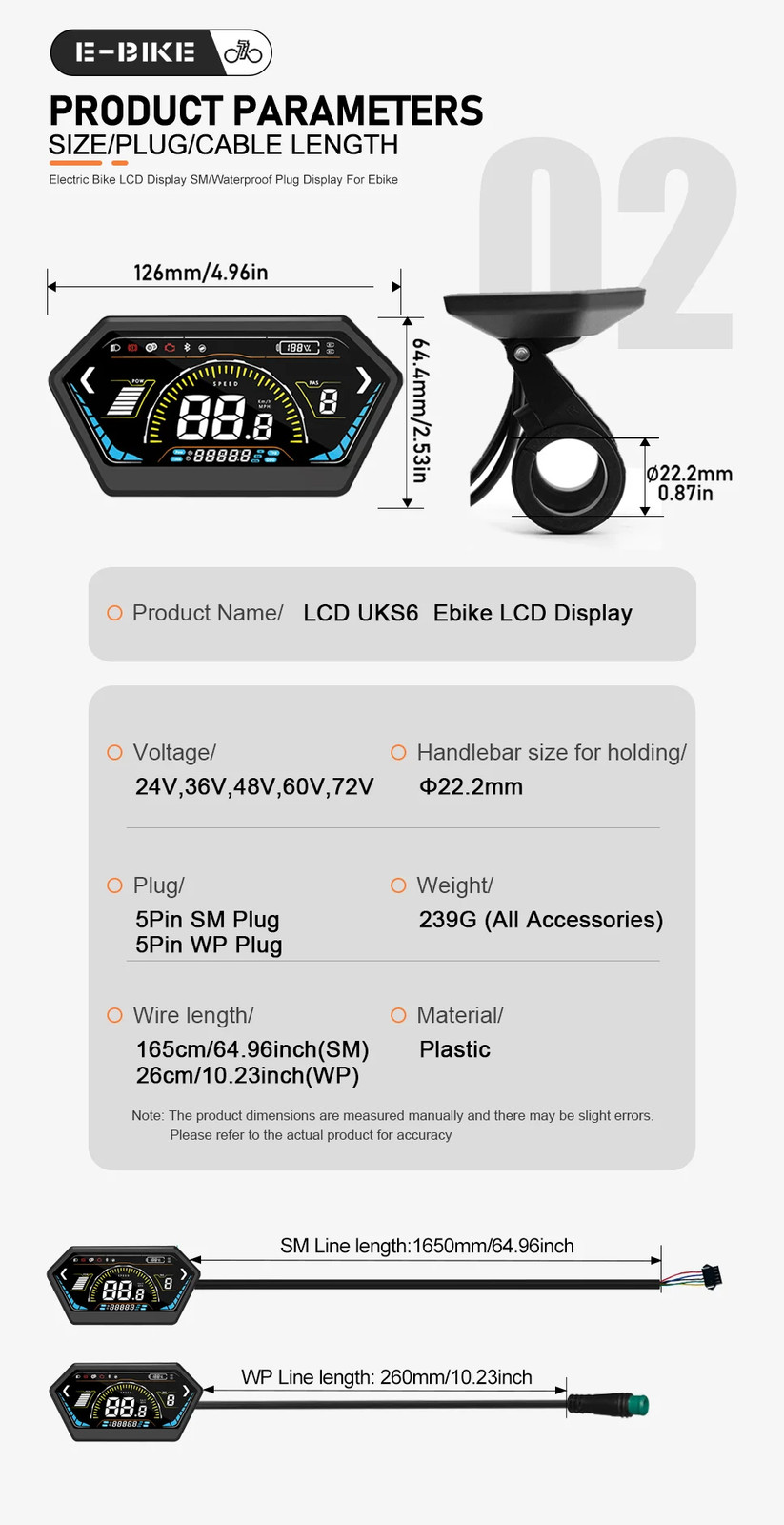 E-bike Display 24V36V48V52V60V72V LCD Color Display SM/Waterproof Plug Display