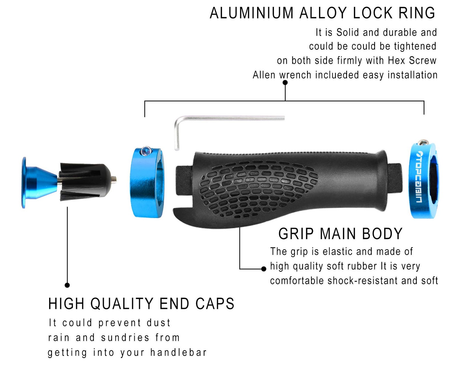 TOPCABIN Bike 13 cm x 3.5 cm, (Aluminum Lock Plug+grips) Light blue 1 Pair