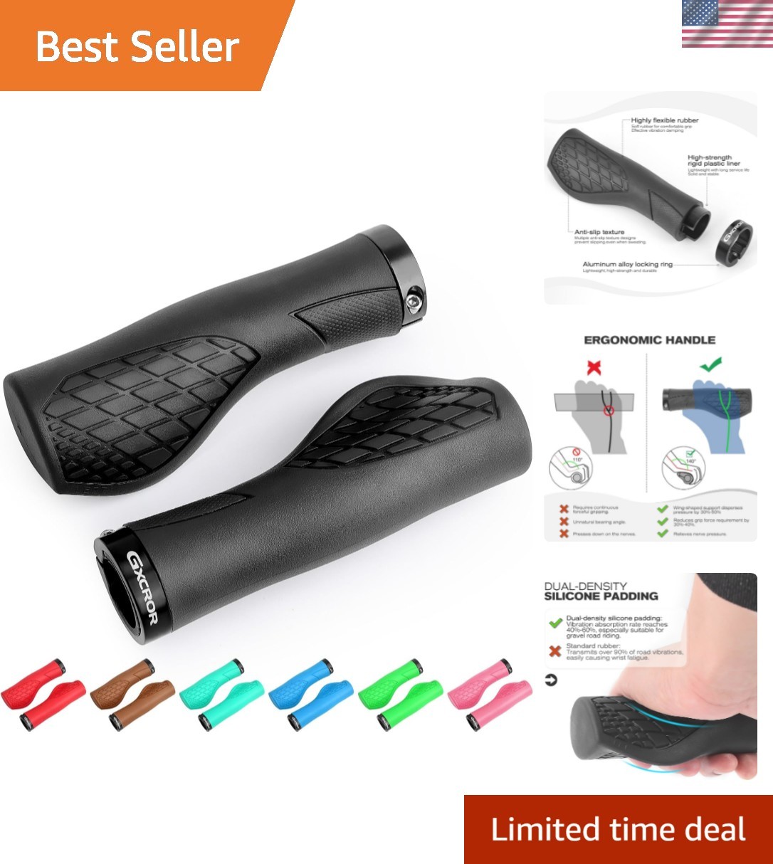 Bike Grips,Ergonomic Bicycle Handlebars Grips Shock Absorbing Dual-Density Si…