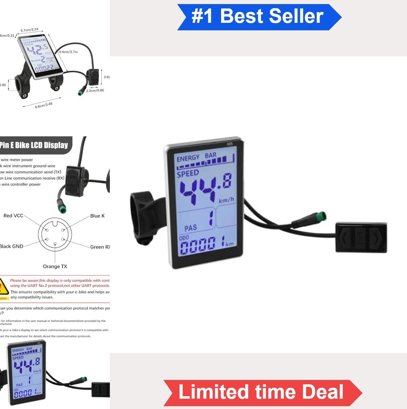 Electric Bike LCD Display 5 Pin 24V 36V 48V 60V Handlebar Mount Cycling Computer
