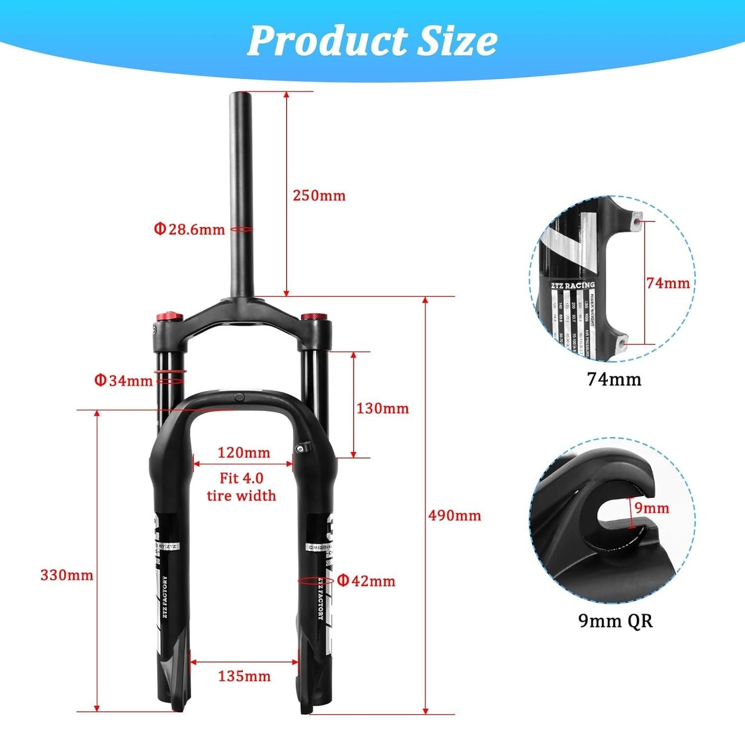 ZTZ 20 * 4.0 inch Fat Tire Air Suspension Fork – 130mm Travel, 135mm Spacing …