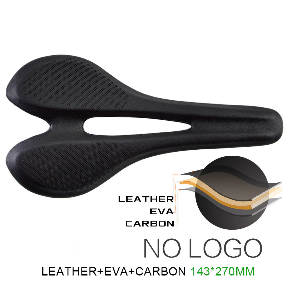270*143mm Carbon Fiber Leather Saddle Mountain Road Bike Seat Oval Rail Black