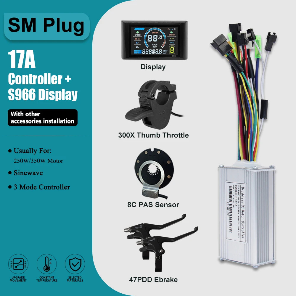 E-bike Three-Mode Sine Wave Controller SM/WP Plug for 250W-3000W Motor 17A-60A