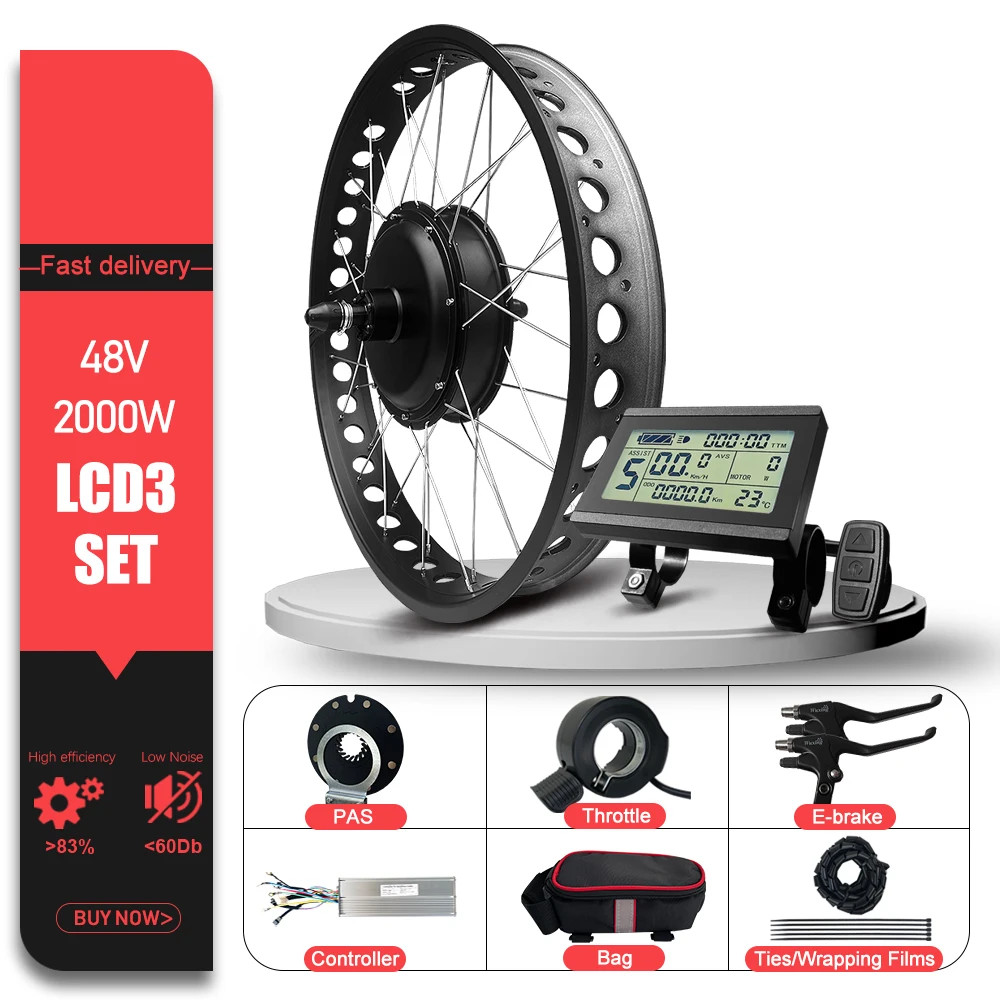 48V 2000W Fat Tire Rear Brushless Gearless Hub Motor for Snow E-Bike 20/24/26in