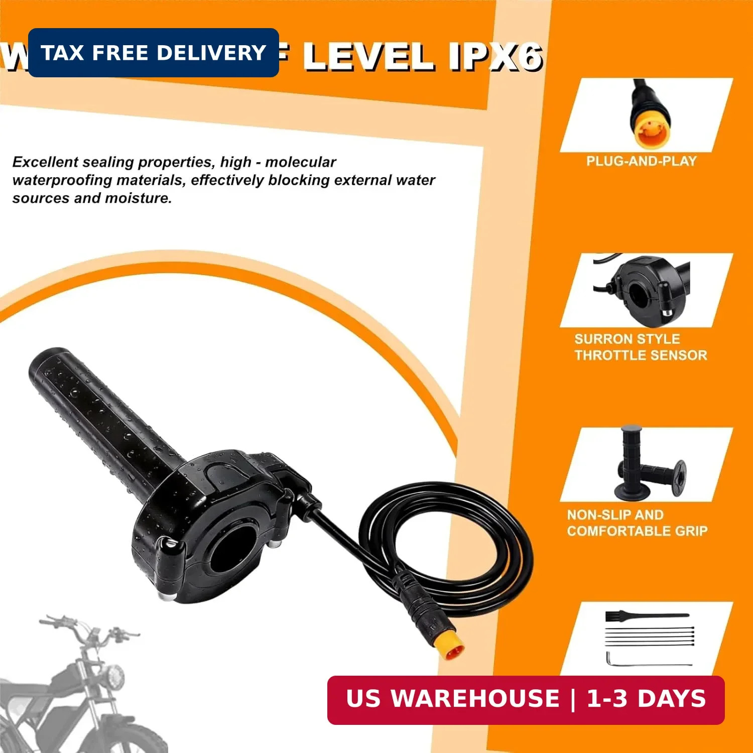 Ebike Full Twist Throttle, 3 Pin Surron Style Ebike Throttle Kit 12V-72V, Waterp