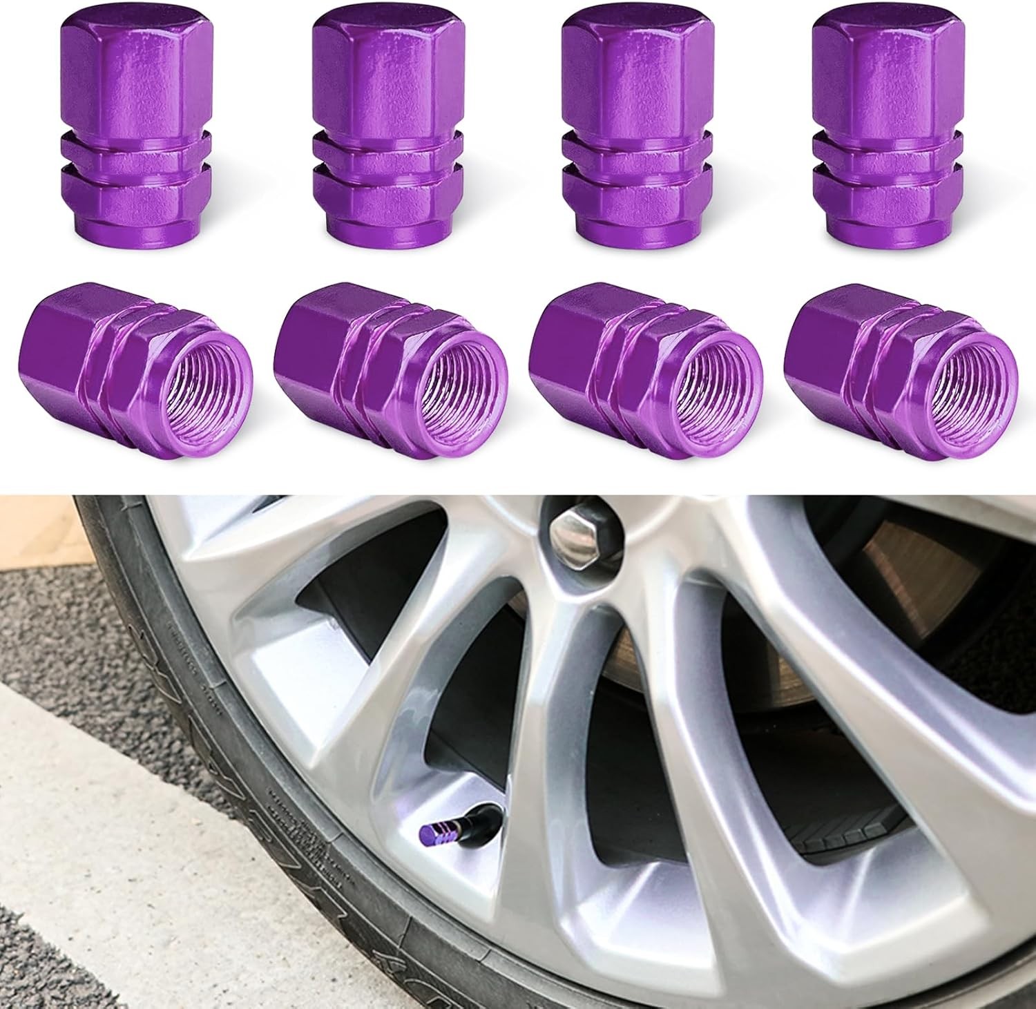 8 PCS Car Tire Valve Stem Caps, Aluminum Alloy Wheel Valve Covers wit…(Purple)