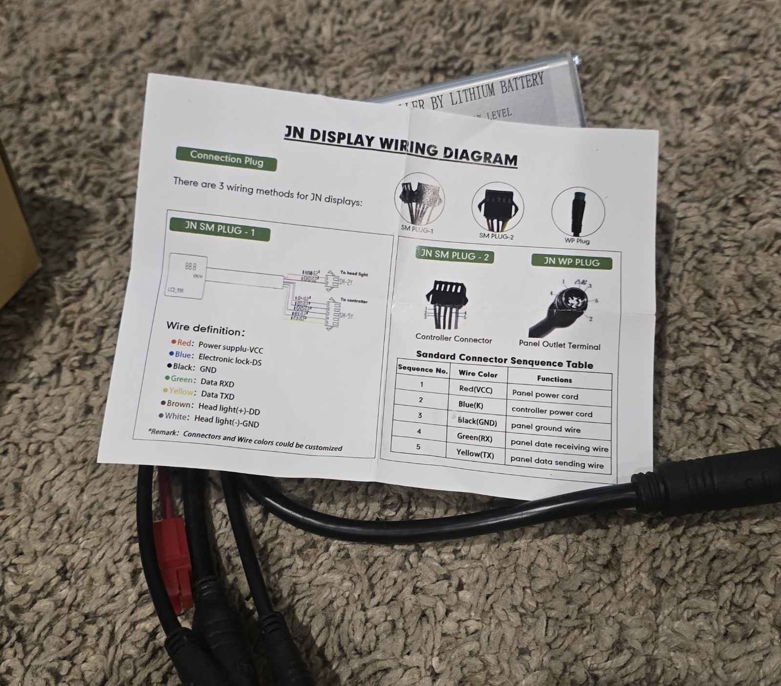 E-bike JN 36V/48V 15A 250W 9 PIN Square wave controller with light wire & Remote