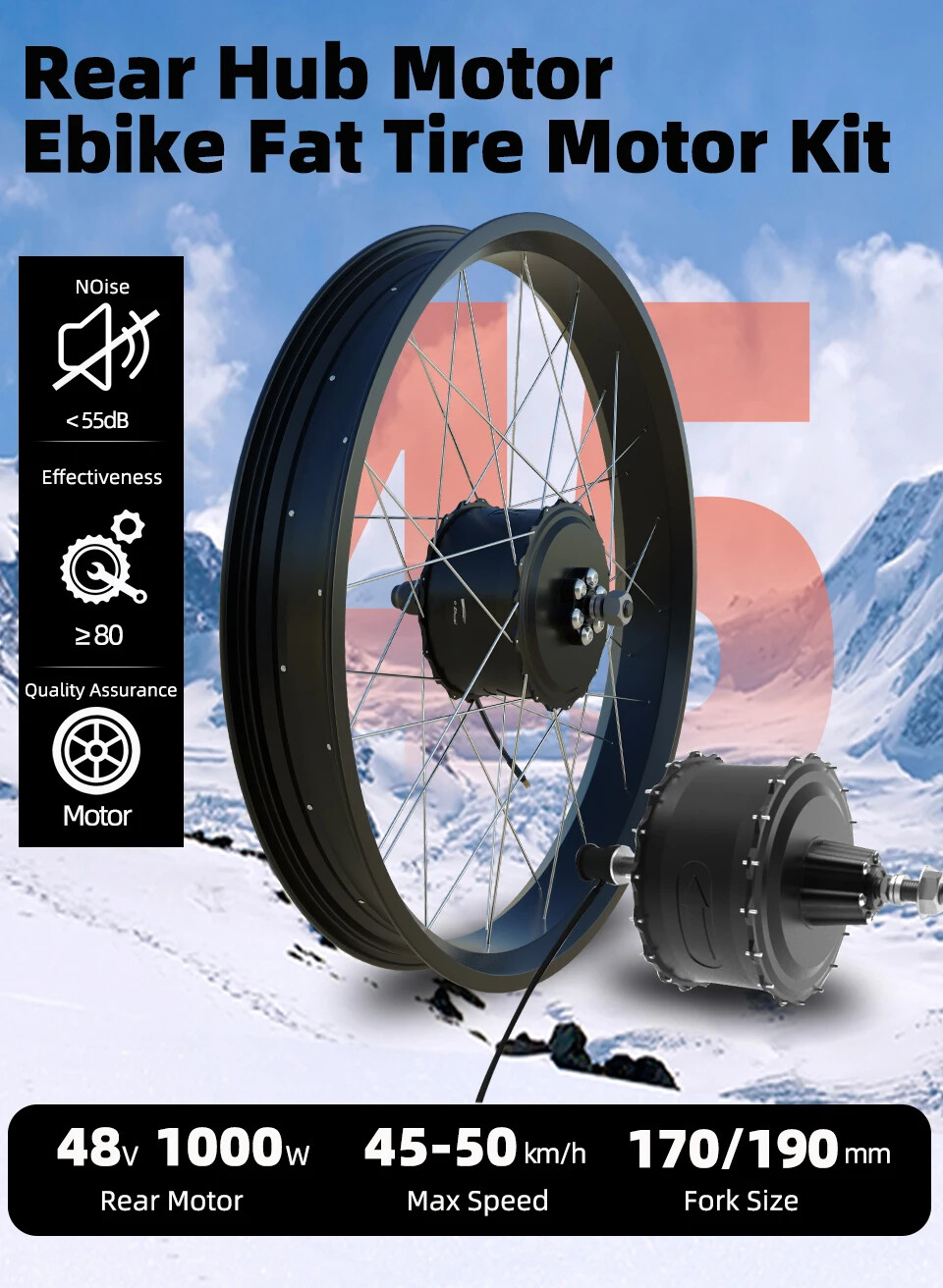 48V 1000W 20 24 26in Snow Fat Ebike Conversion Kit Rear Brushless Gear Hub Motor