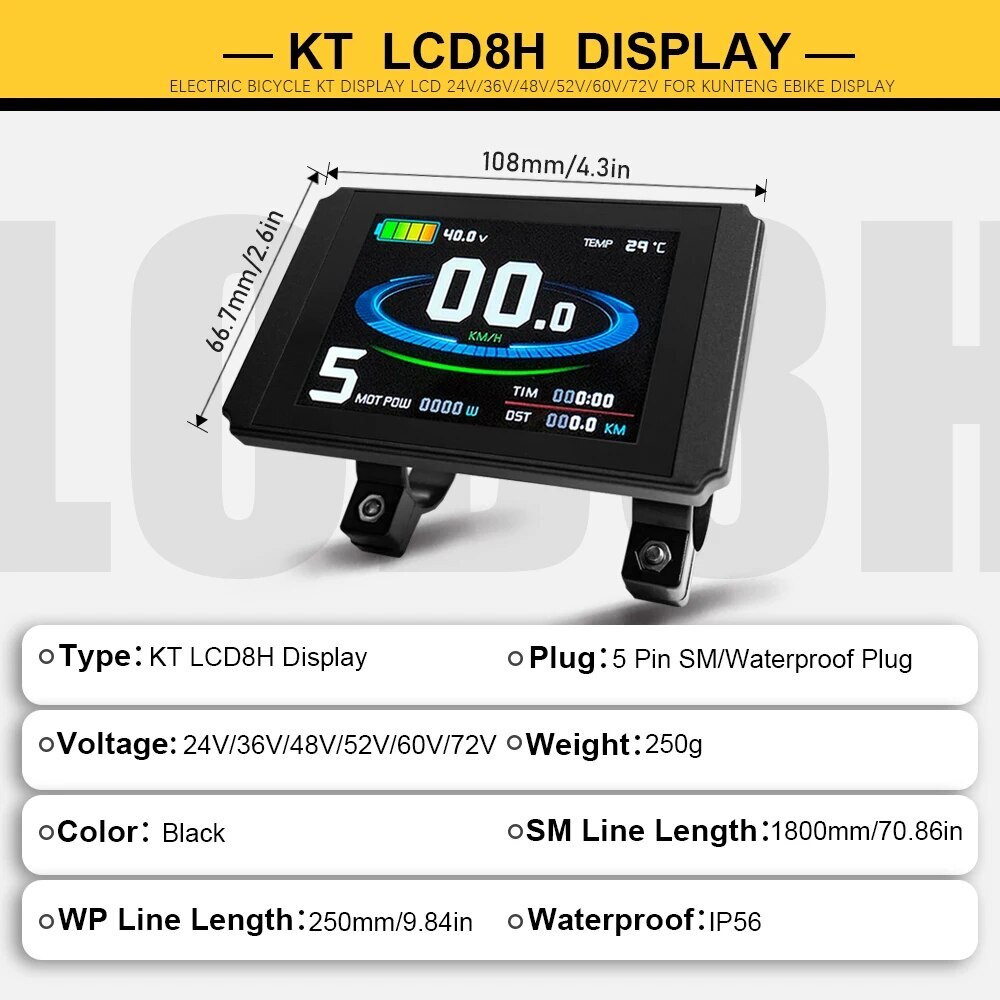 E-bike LCD8H LCD8HU Display with USB 24V/36V/48V/52V/60V72V E-bike Display