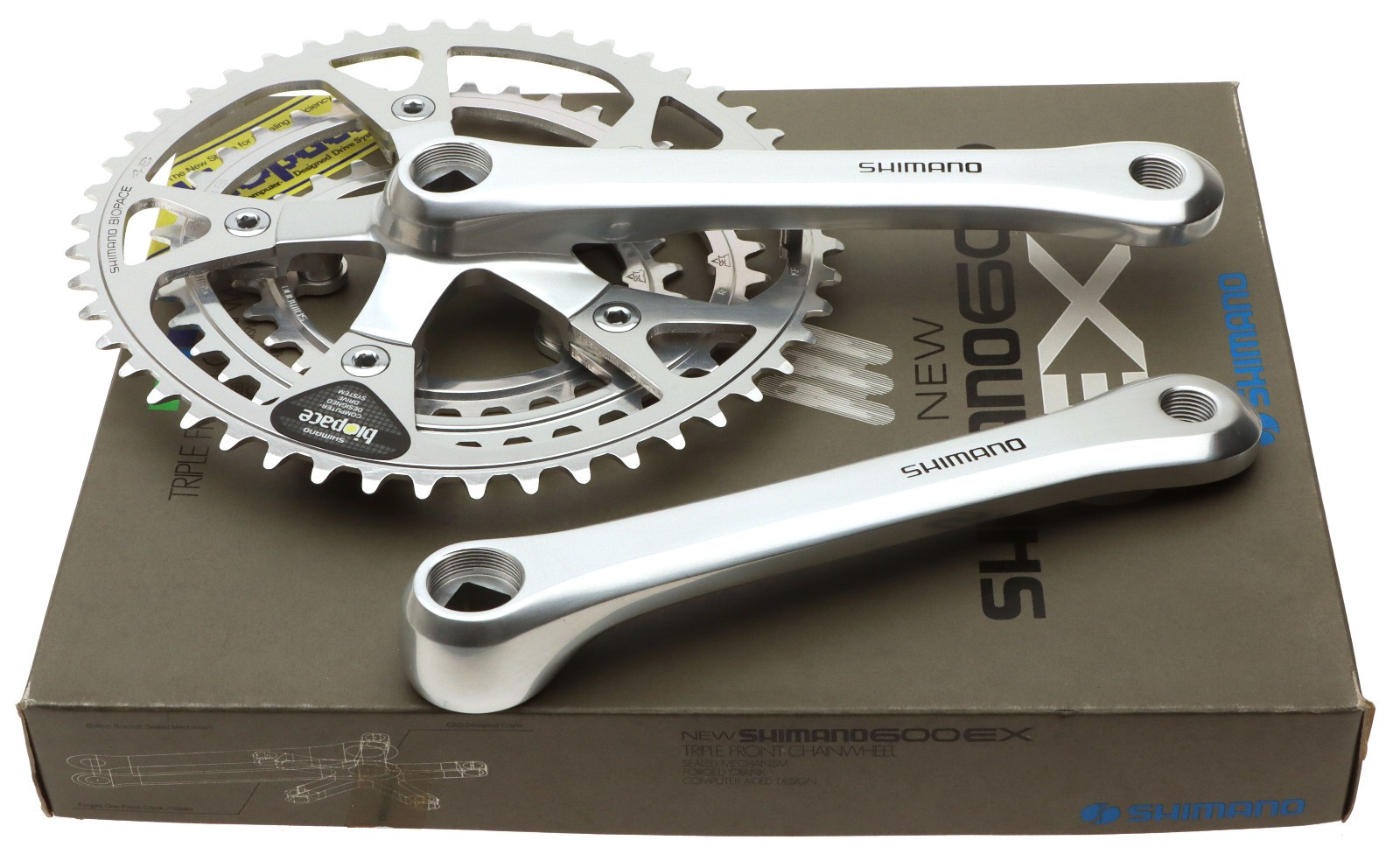 Shimano 600 EX FC-M6206 Biopace 6 Speed Crank w/BB 175mm Silver 48/44/28 NOS NEW