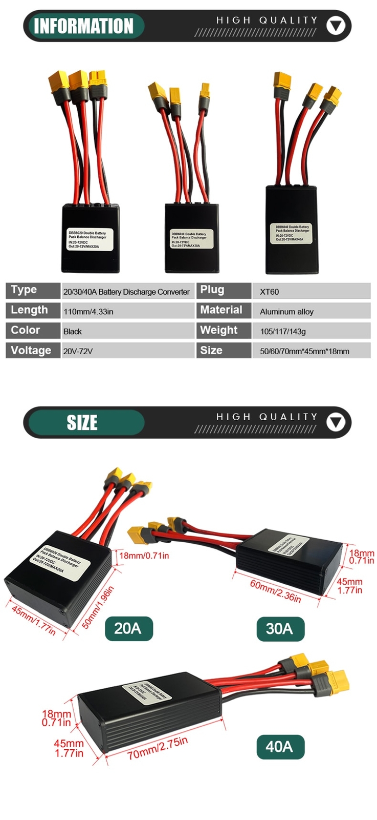 E-bike Discharge Converter Connection Adapter with XT60 Plug 20-72V 20A/30A/40A