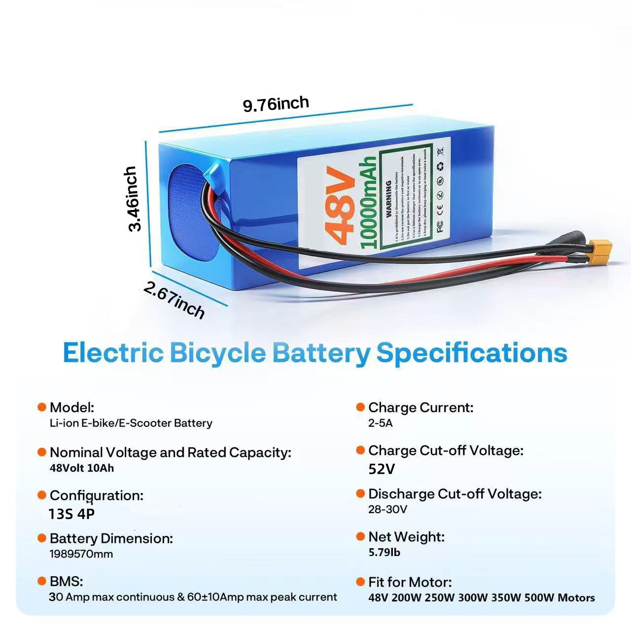 36/48V Battery 8/10/15/20AH Lithium for Electric Motor 200W-1000W With BMS Cell