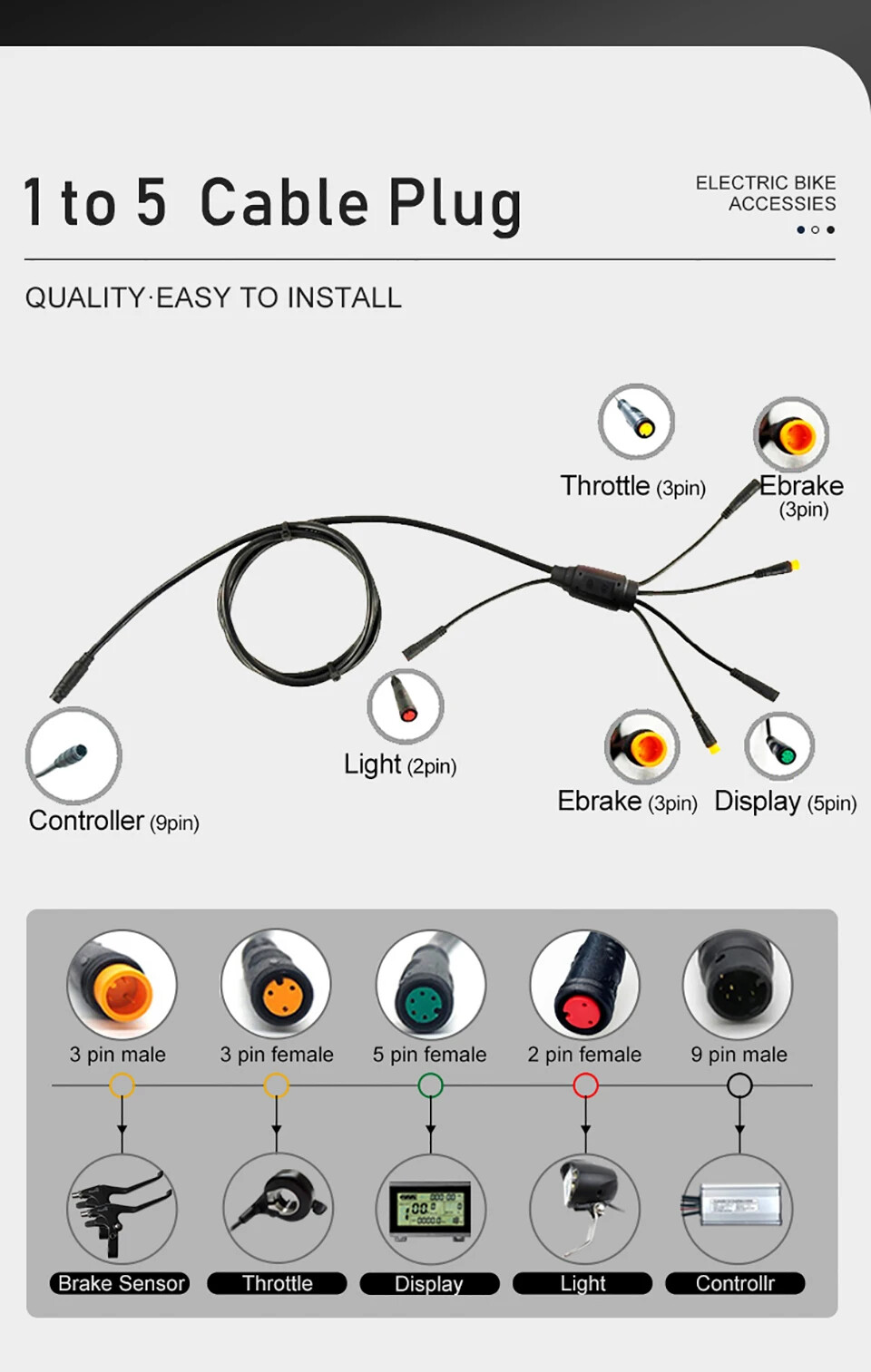 Electric Bike 36V/48V 15A-50A Squarewave/Sinewave Controller with Light Function