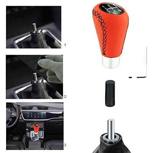 5 Speed Shift Knob, Leather Gear Shifter Knob Alloy Shifting Lever Head Red