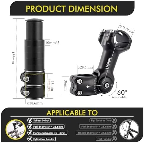Adjustable Bike Stem Riser, Bike Handlebar Extender Set 31.8mm 60° for Mountain