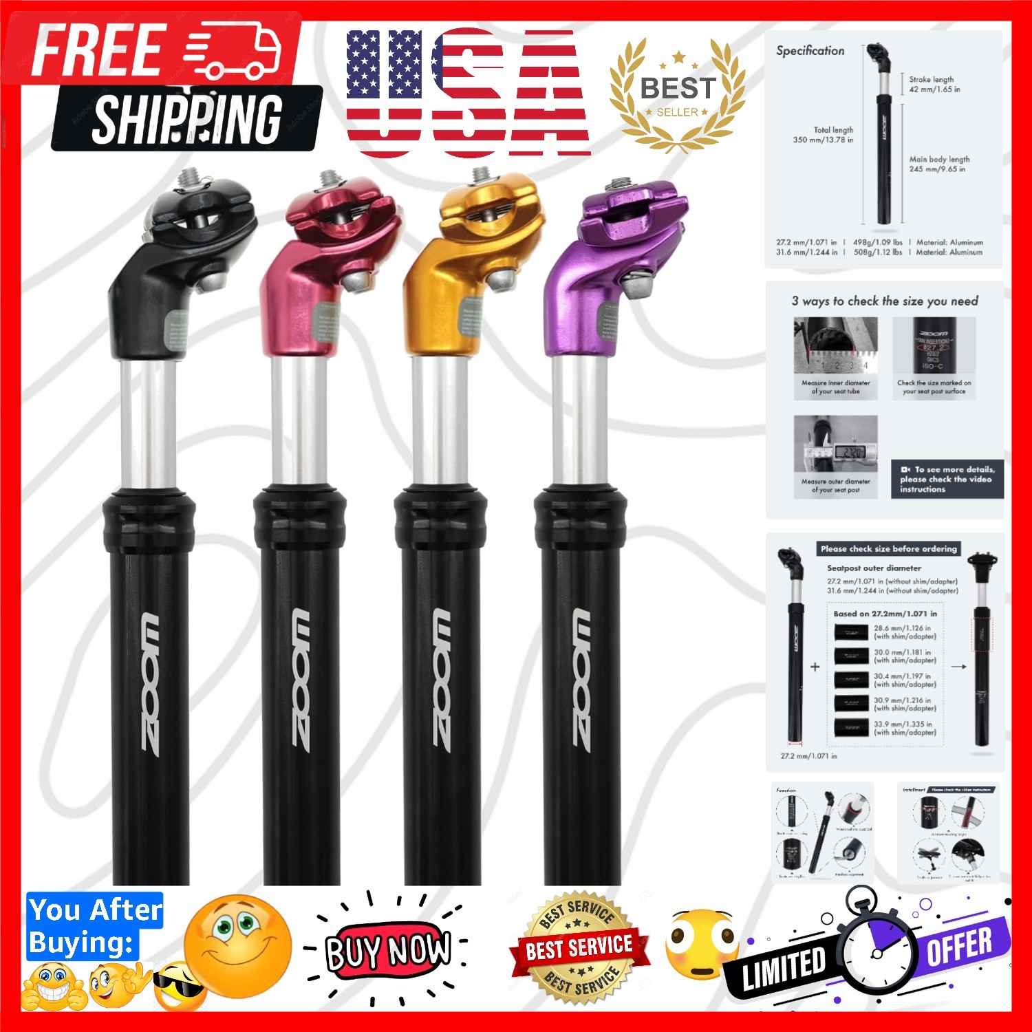 Bike Suspension Seatpost Shock Absorber Damper Post 27.2 30.9 31.6 mm, Lightw…