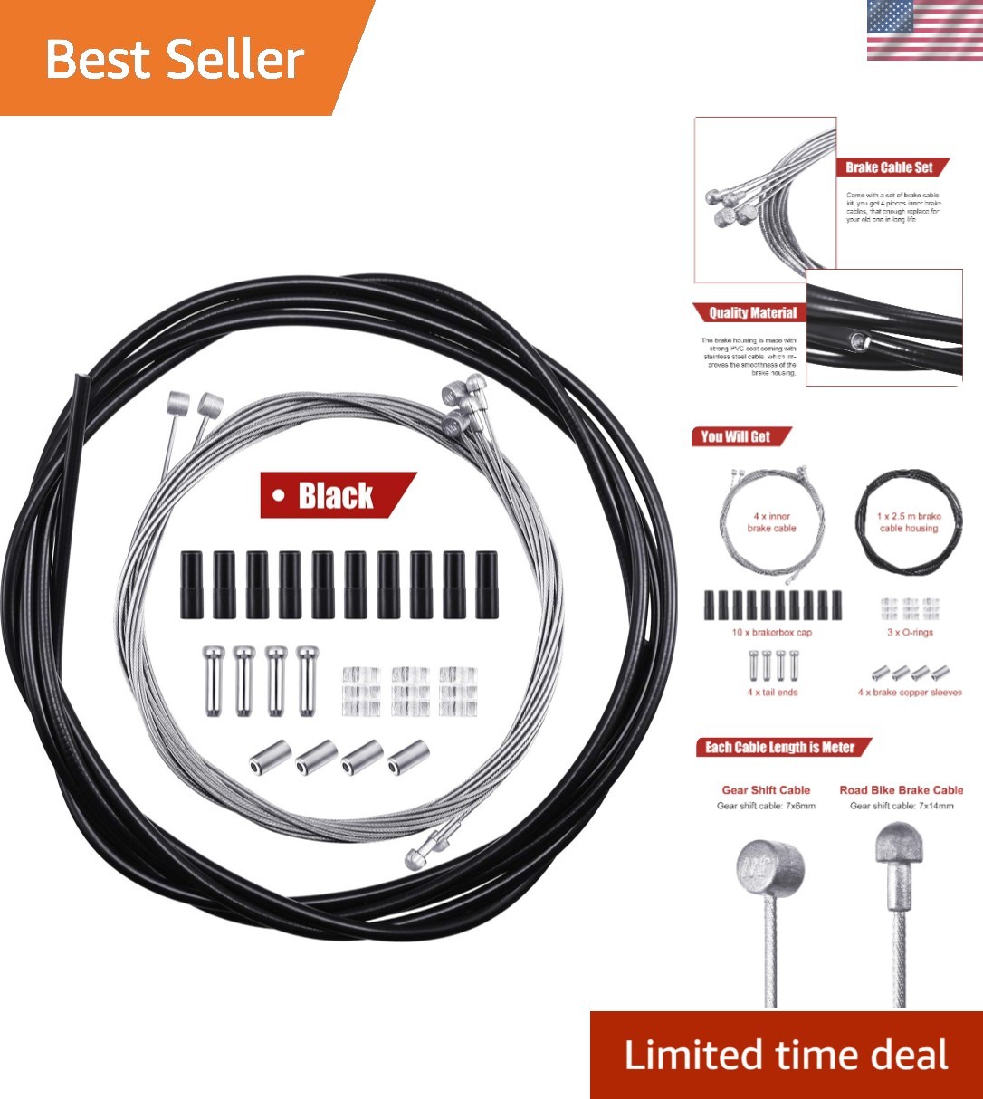 4-Pack Universal Bike Brake Cable Kit – Durable Stainless Steel & PVC for Safety