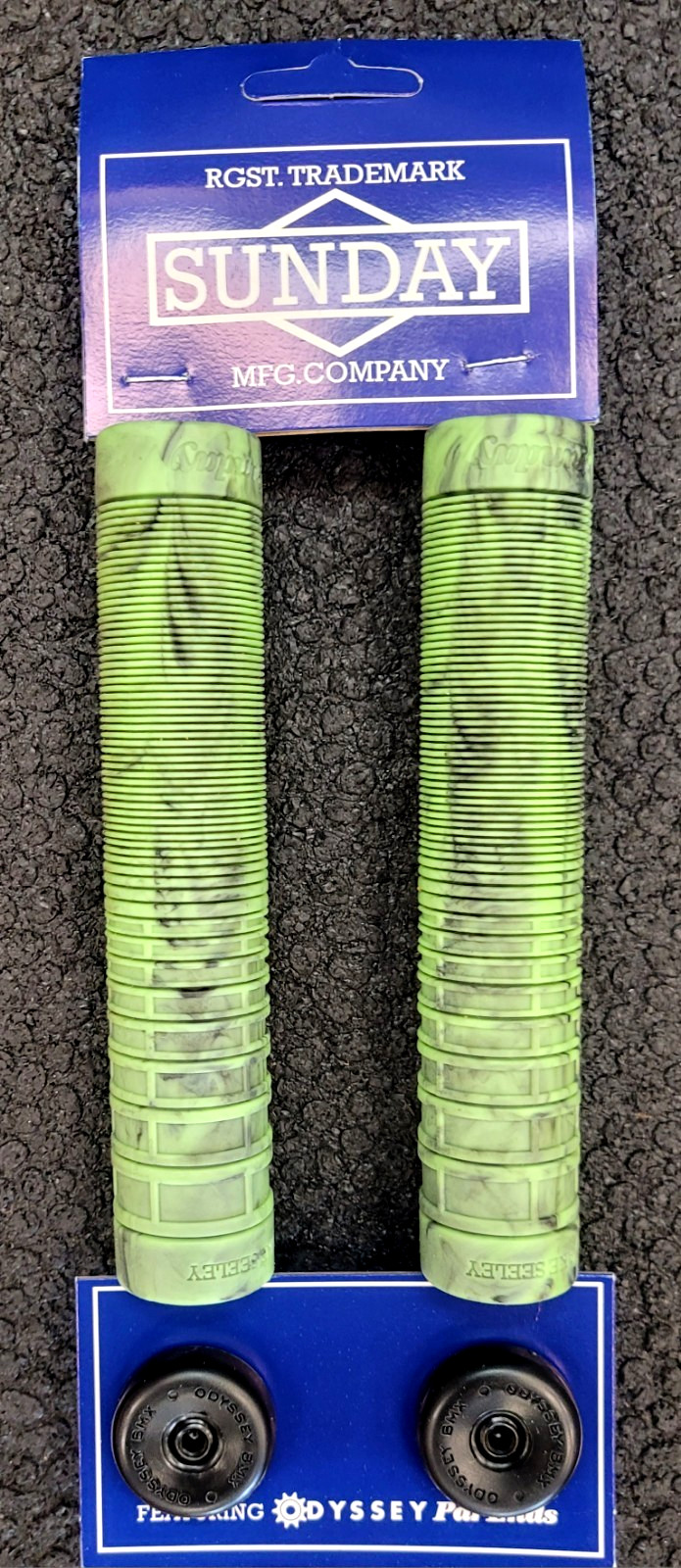 SUNDAY BMX Jake Seeley GRIPS, 160mm (FLANGLESS) – Lmtd. BLACK/KIWI Swirl
