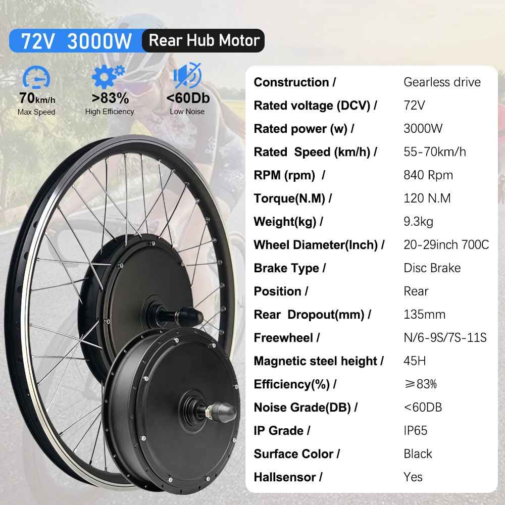 E-bike Conversion Kit 72V 3000W Brushless Rear Wheel Hub Motor Dropout 135mm