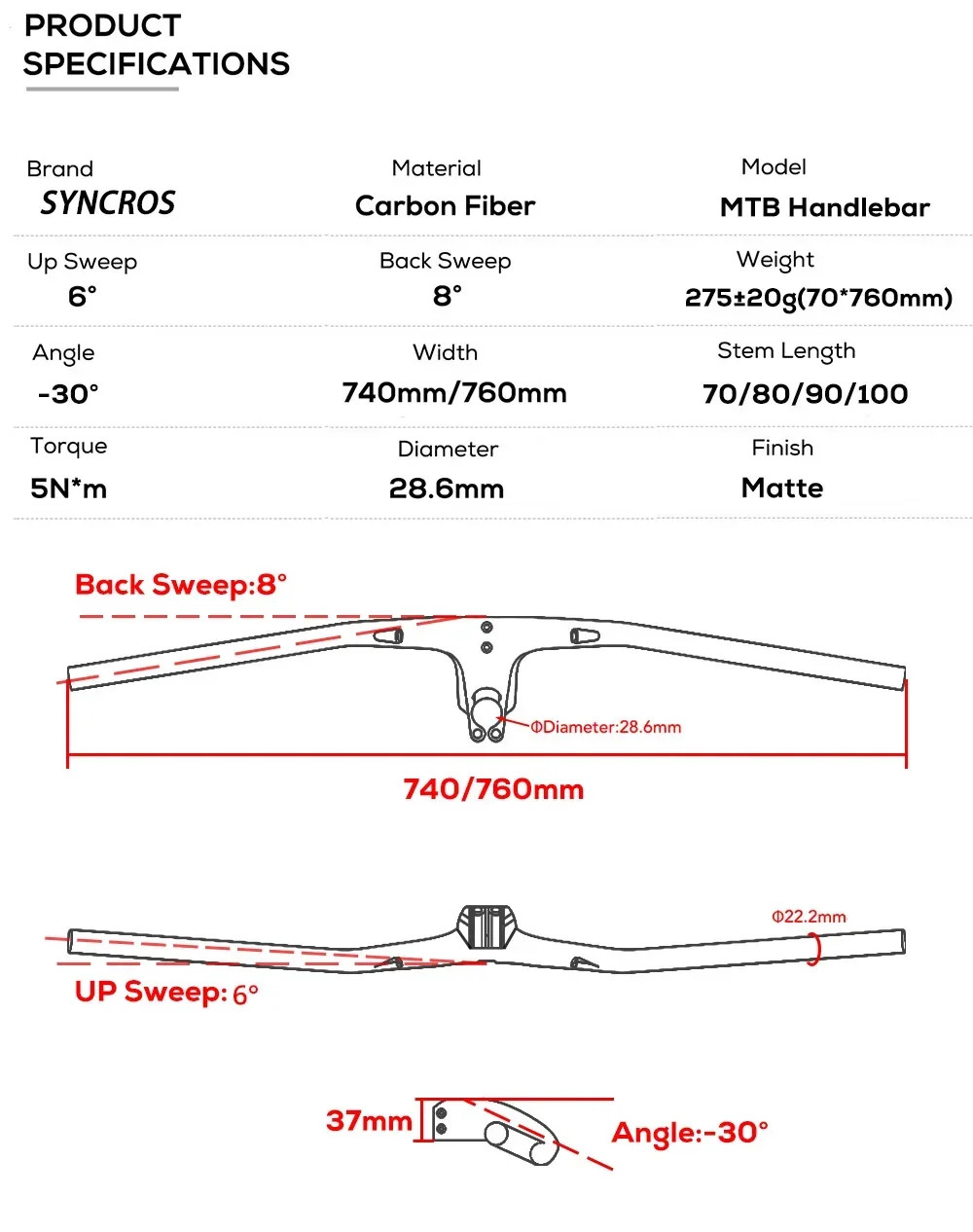-30° MTB Bicycle Carbon Integrated Handlebar 70-100mm Full Internal Routing