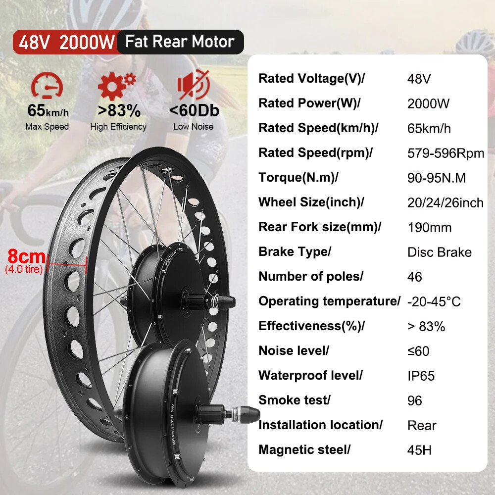 48V 2000W 4.0Tyre Hub Motor Wheel Dropout 190mm for Snow E-bike Conversion Kit