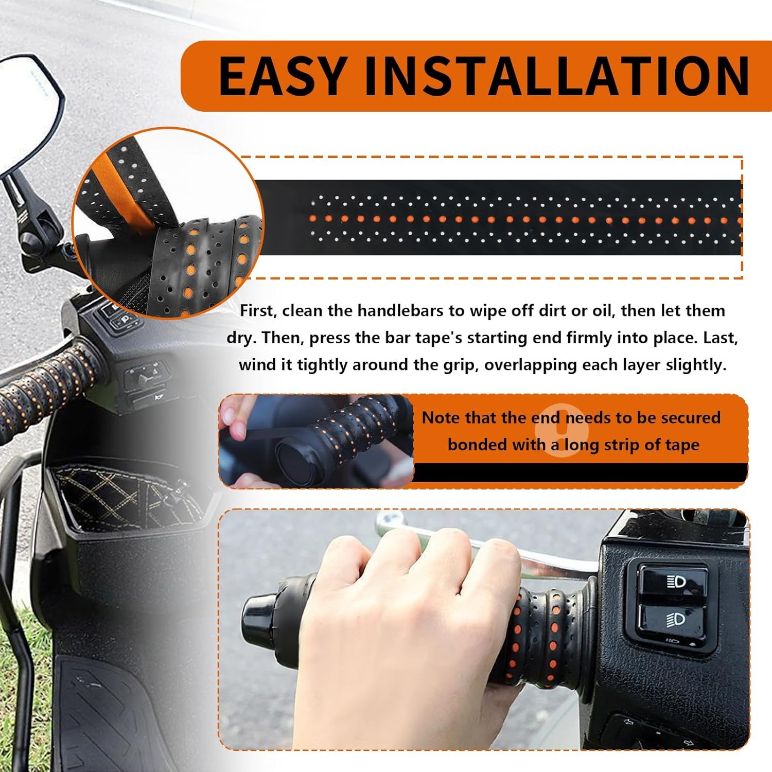 2PCS 3.6Ft Wrap-Around Motorcycle Grips,Anti-Slip Motorcycle Handlebar Grips wit