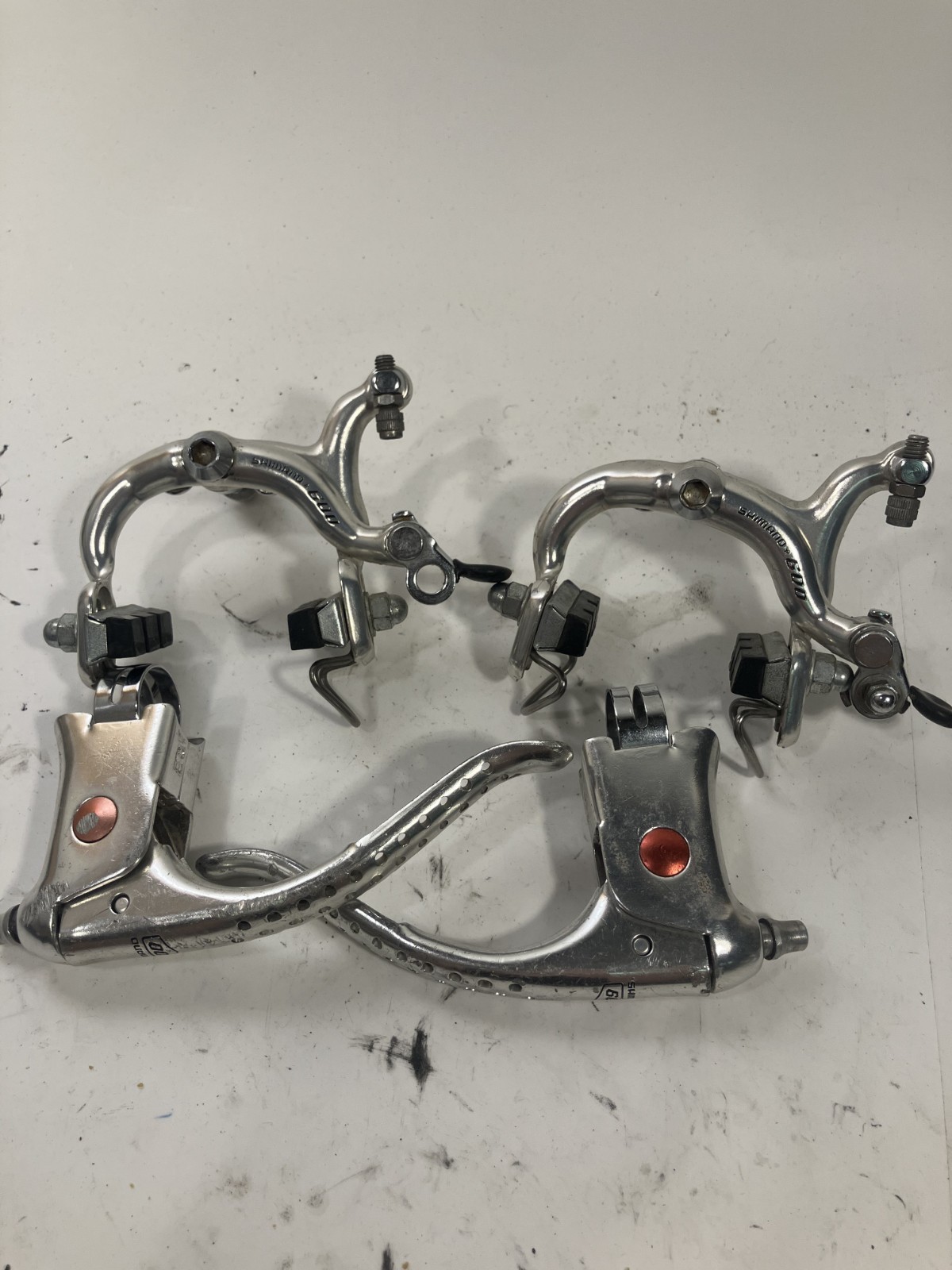 Vintage SHIMANO 600 Arabesque Brakes and Brake Levers Red Dot Drop Bar Drillium