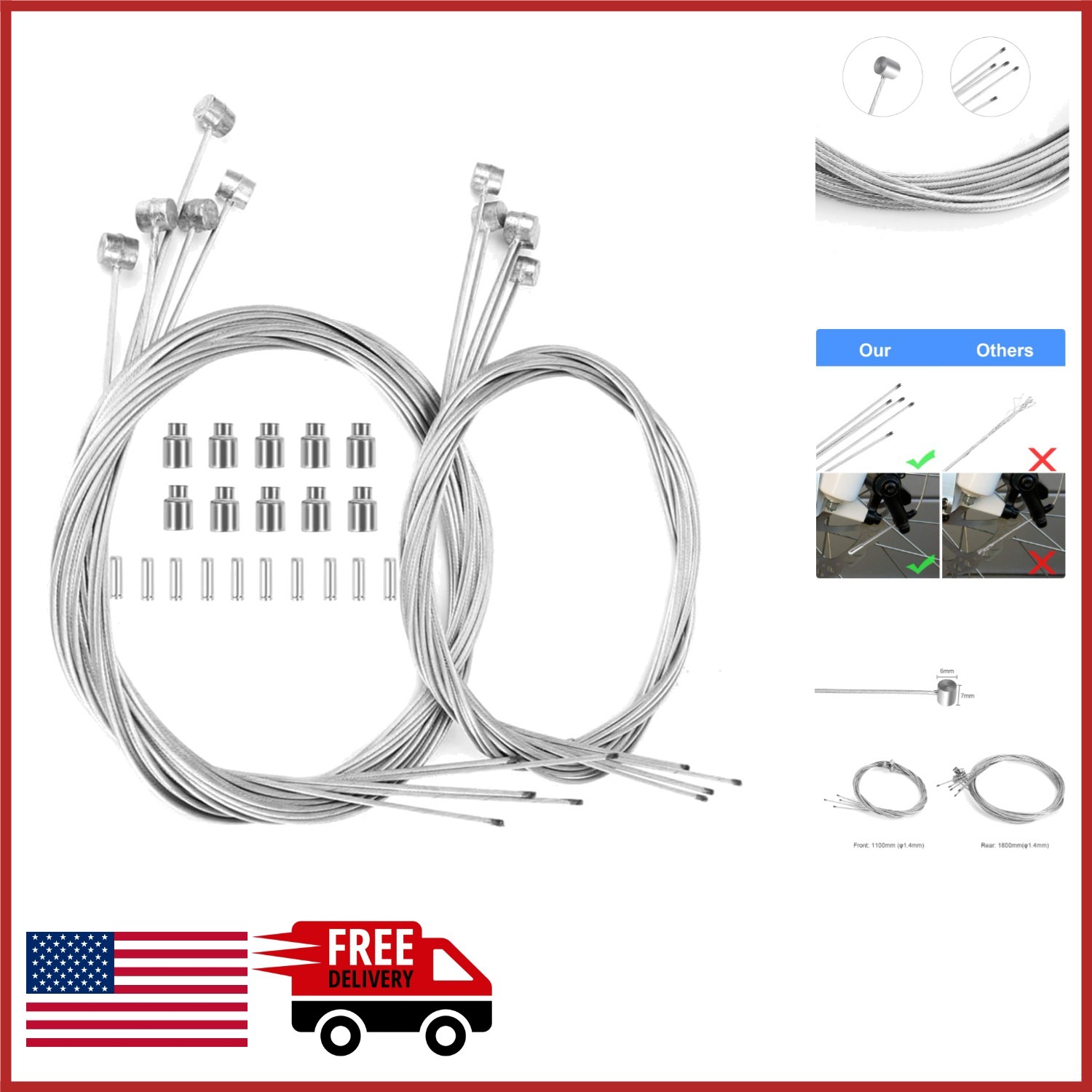 Bicycle Brake Cable Kit 10 Count for MTB and BMX Silver Zinc-Coated