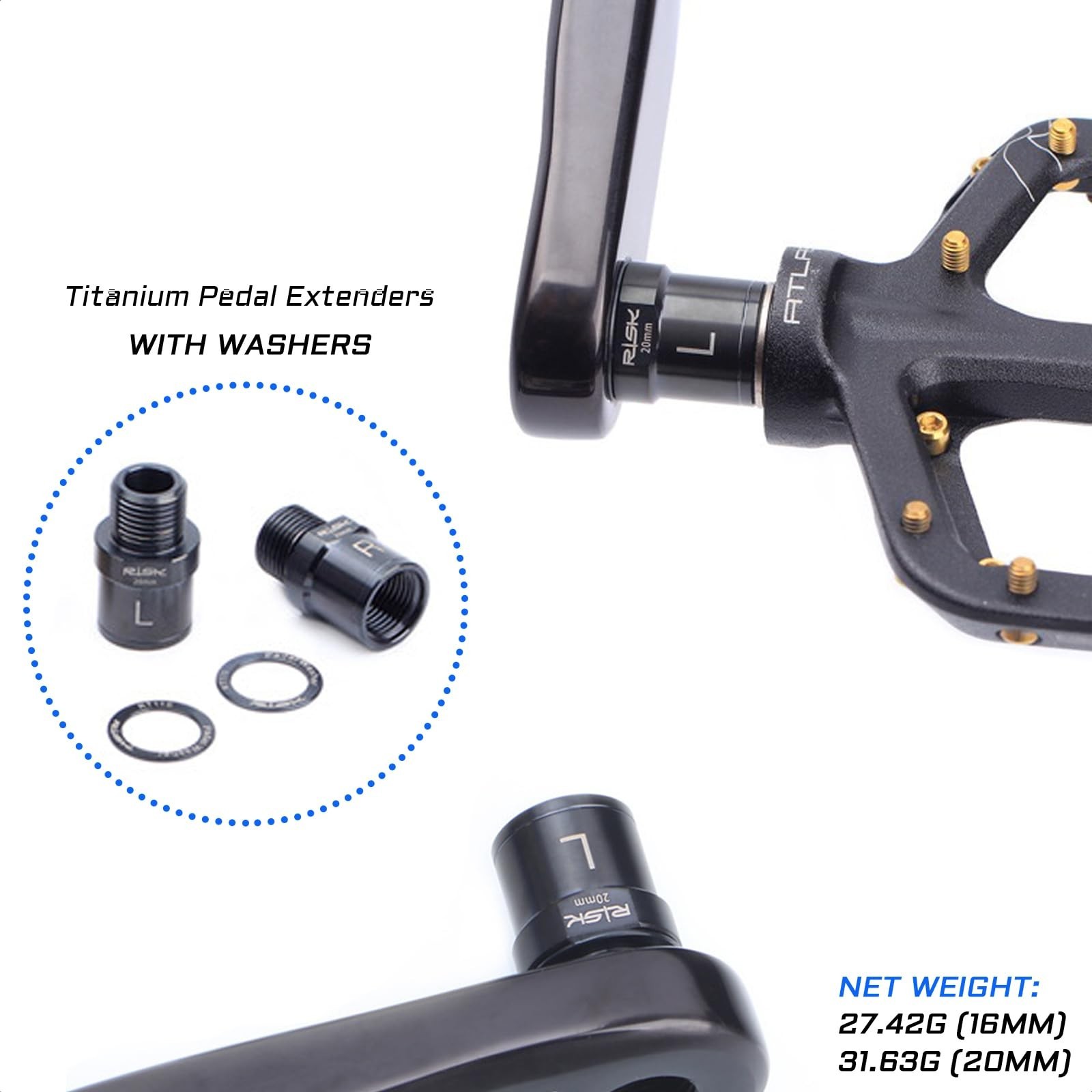 Titanium Bike Pedal Extenders 16/20mm – Hollow Foot Washers for 9/16″ Pedals, Fi