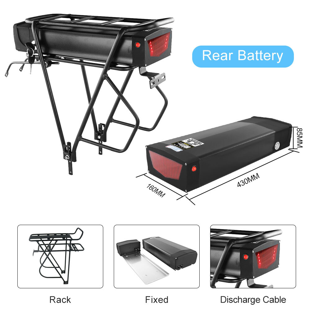 Rack Ebike Battery 36V 48V 52V 72V Battery for 0-3000W Motor with Tail Light