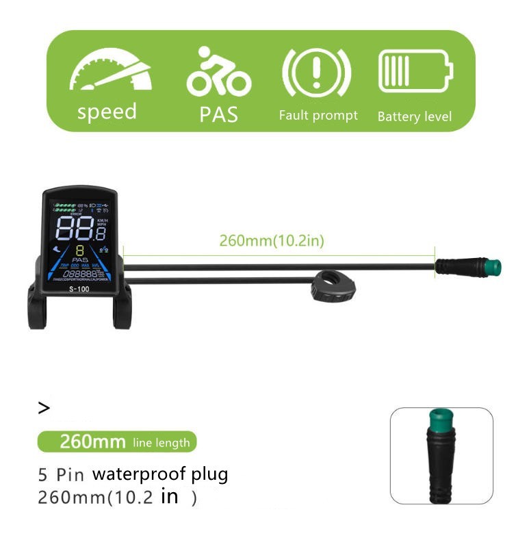 E-Bike Compatible S-100 Smart LCD Color Screen with light wire 5PIN WP plug.