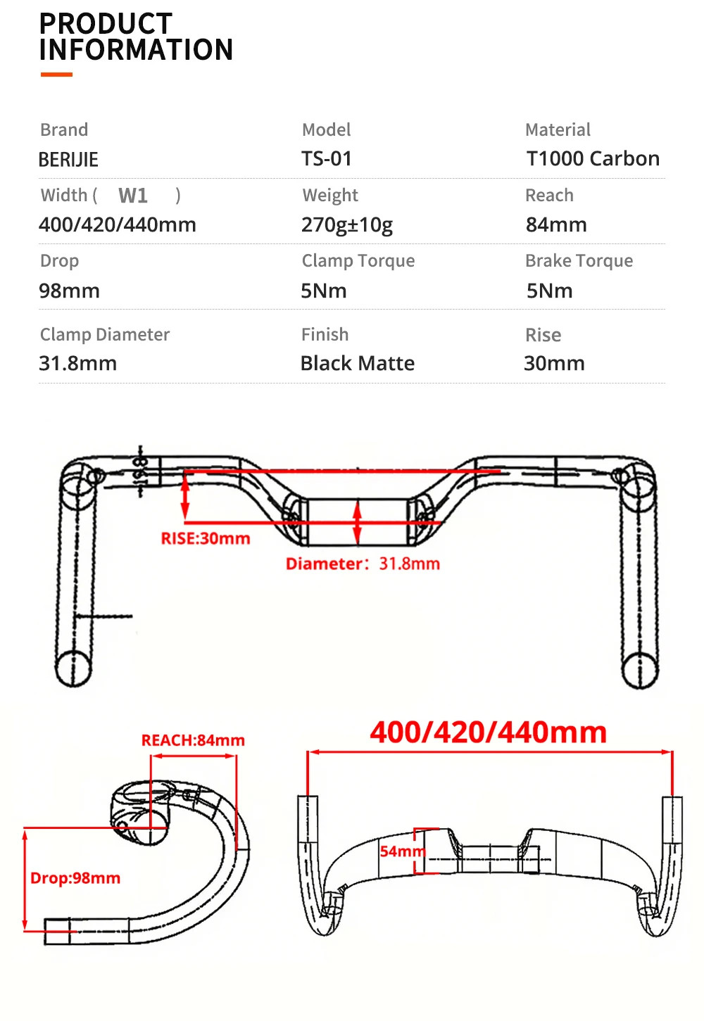 Full Carbon Road Bike Handlebar Rise 30mm Width 400/420/440mm Black Matte