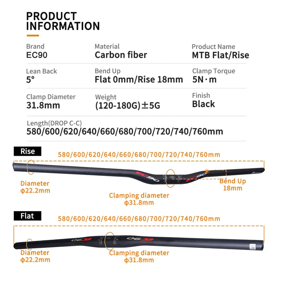 EC90 3K Full Carbon Fiber Mountain Bike Handlebar Flat/Riser Bar 31.8*600-760mm
