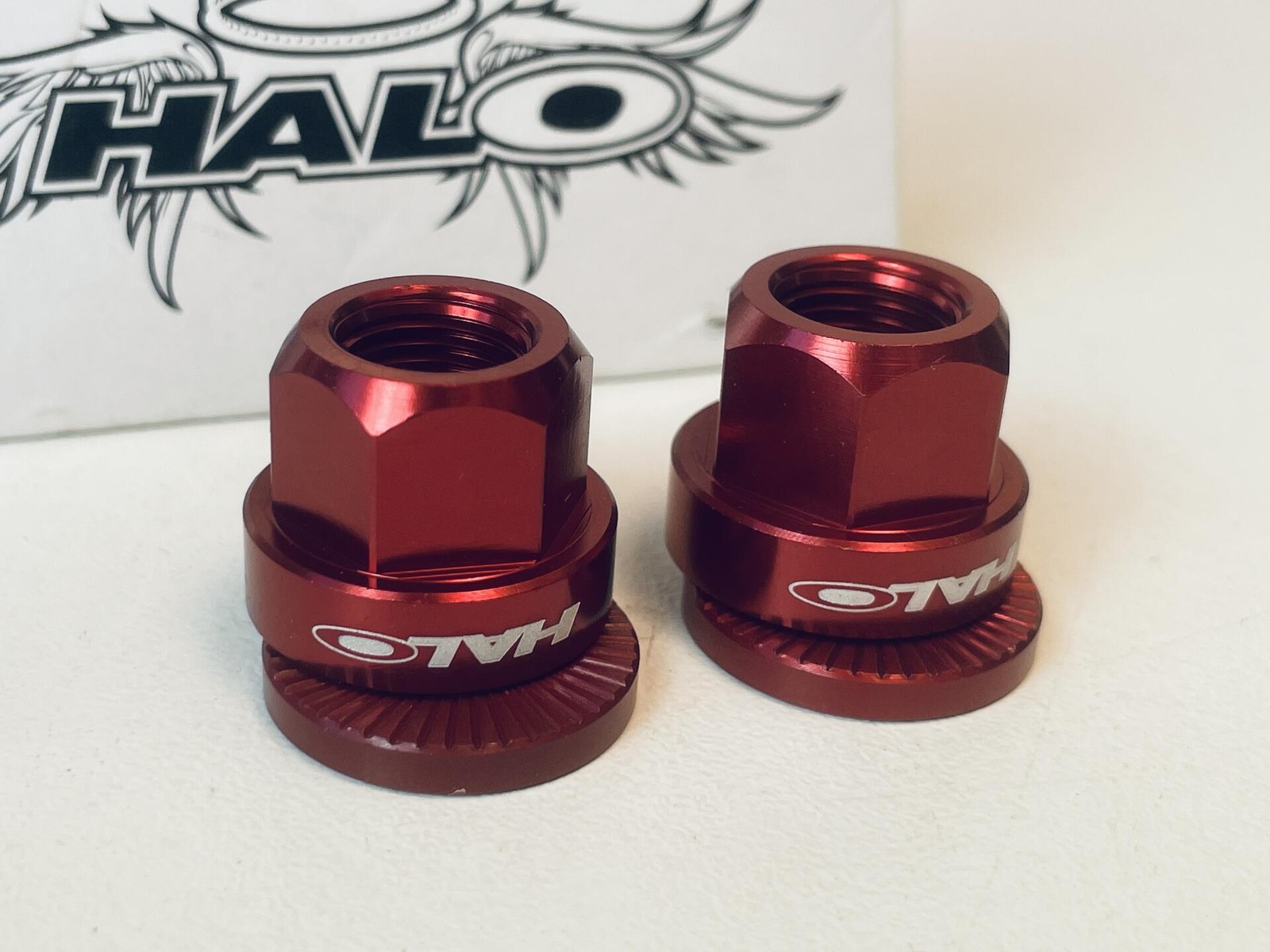 NOS Halo Alloy M10 Axle Nuts, 10mm, Red Anodized – Pair