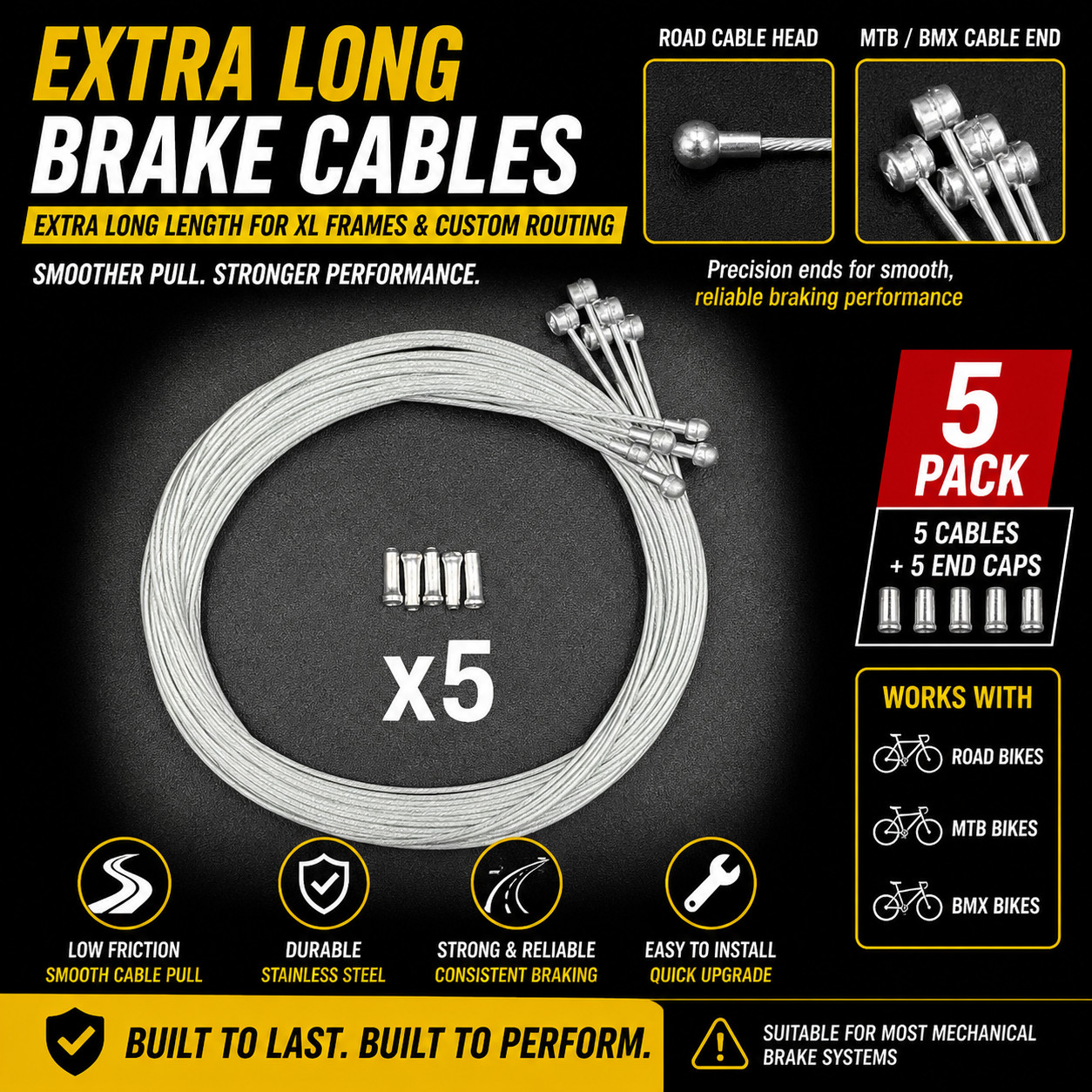 x5 Pack Jagwire Universal Slick Brake Cable Long 2500mm 4 Shimano/SRAM/ MTB/Road