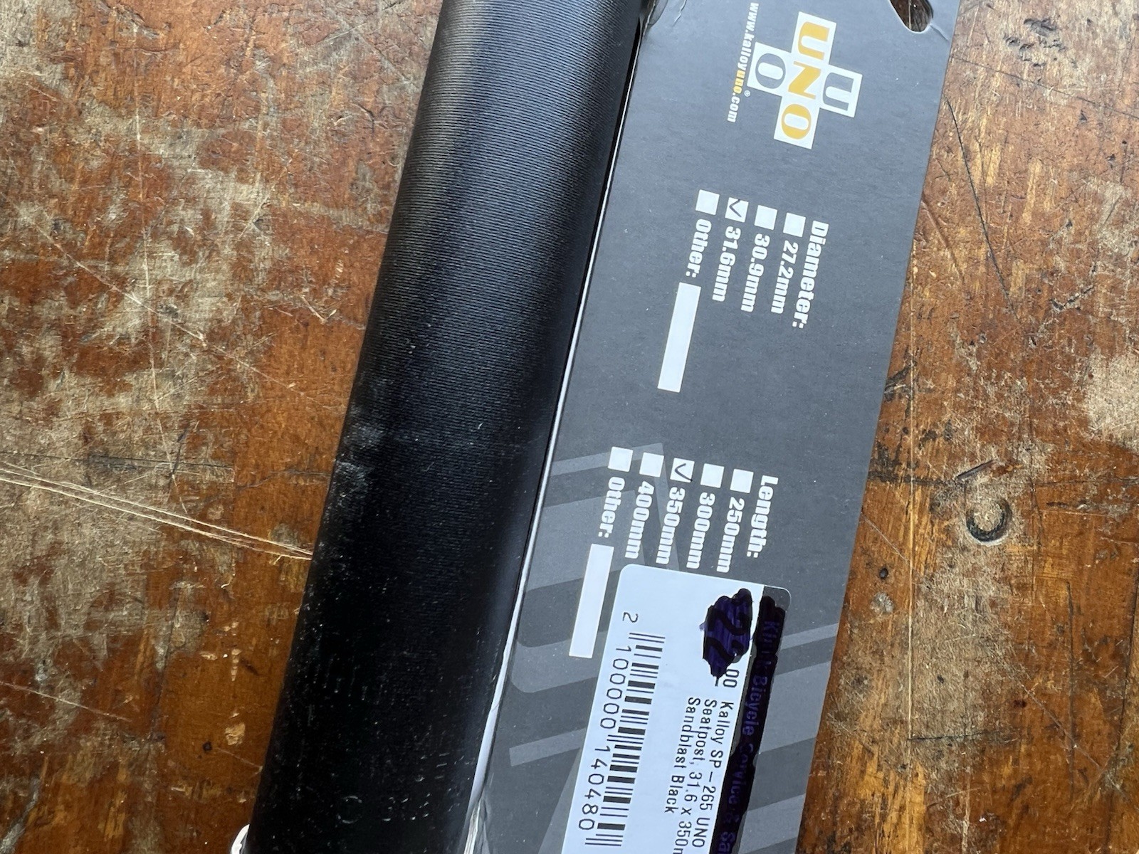 Kalloy UNO Seatpost SP-265 31.6mm x 350mm Sandblast Black Aluminum